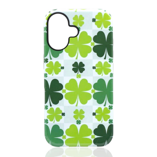 Phone case featuring green shamrocks in various shades on a white and gray checkered background