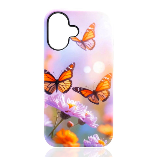 Phone case featuring three orange‑and‑black butterflies above pink and white flowers on a pastel gradient with soft bokeh