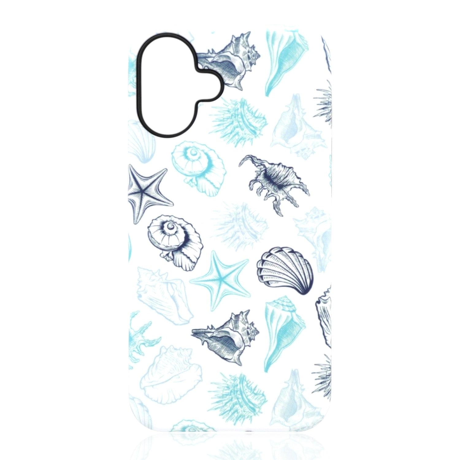 Phone case featuring blue and turquoise seashells, starfish, and marine patterns in a coastal design