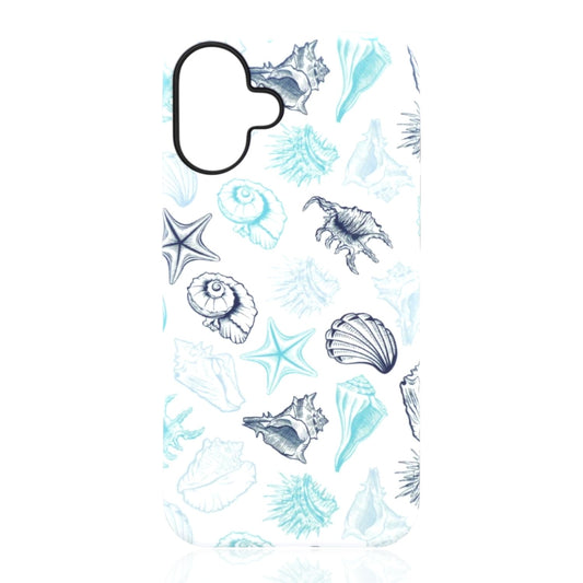 Phone case featuring blue and turquoise seashells, starfish, and marine patterns in a coastal design