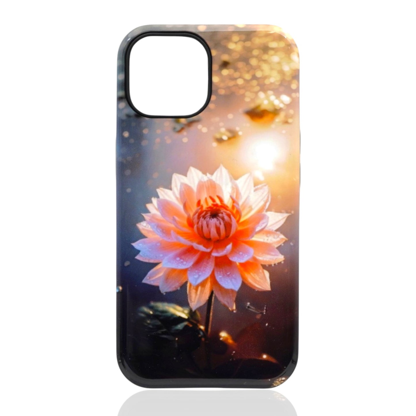 Phone case featuring a glowing pink‑and‑orange lotus with water droplets, floating on illuminated water with sparkling reflections