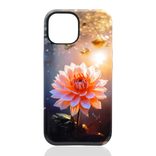 Phone case featuring a glowing pink‑and‑orange lotus with water droplets, floating on illuminated water with sparkling reflections
