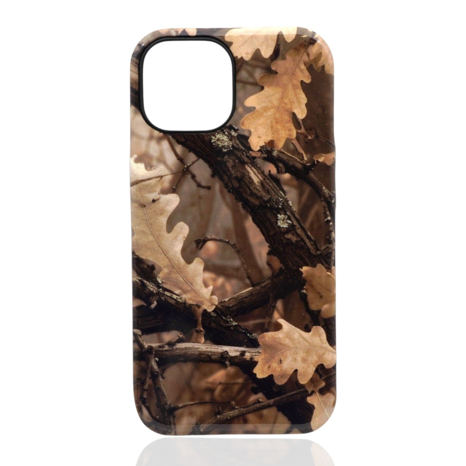 Phone case featuring a woodland camouflage pattern with brown oak leaves and dark branches