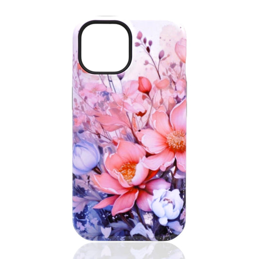 Phone case featuring pink, purple, and white flowers with green‑blue leaves in a soft floral composition