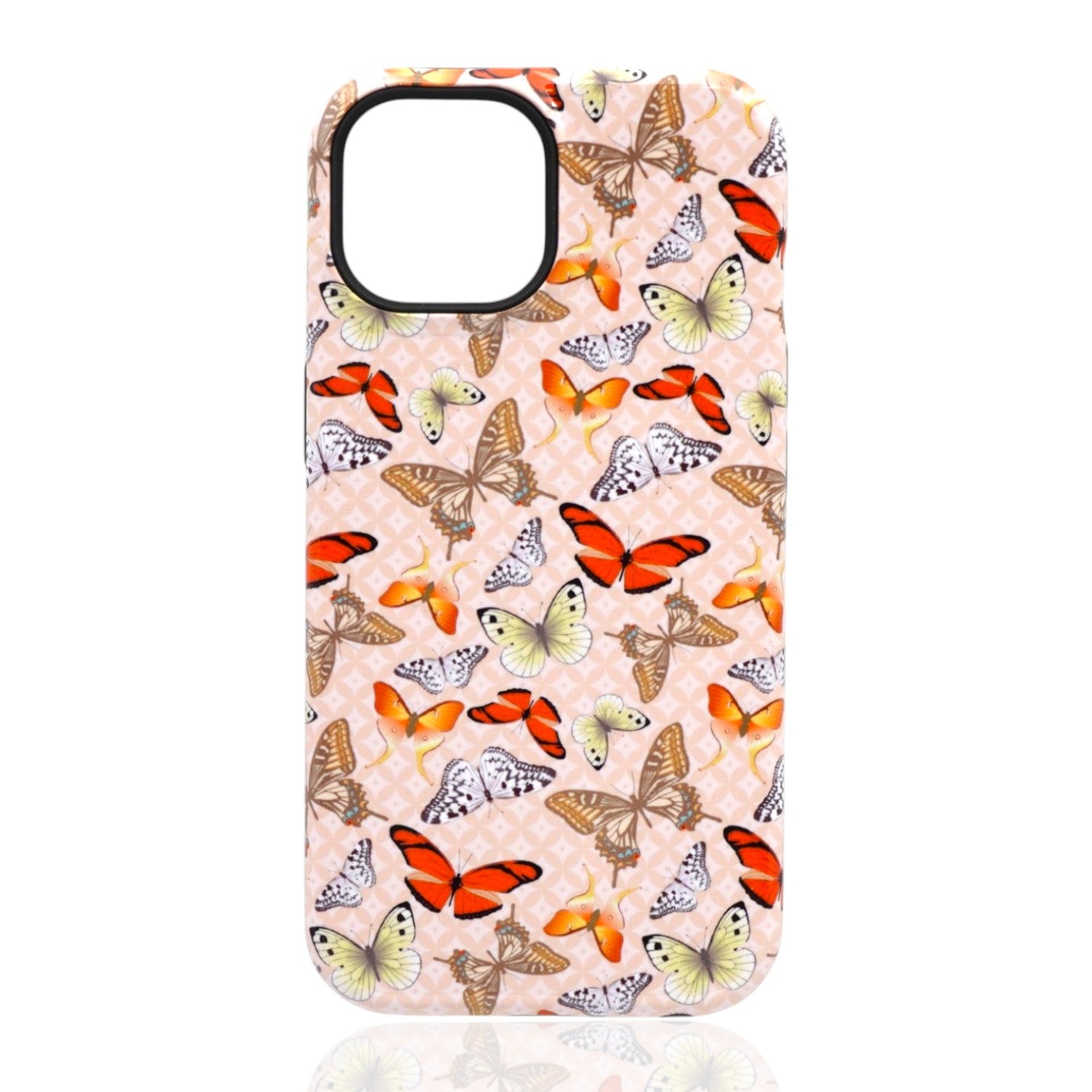 Phone case featuring colorful butterflies in orange, yellow, brown, and white on a light‑pink patterned background