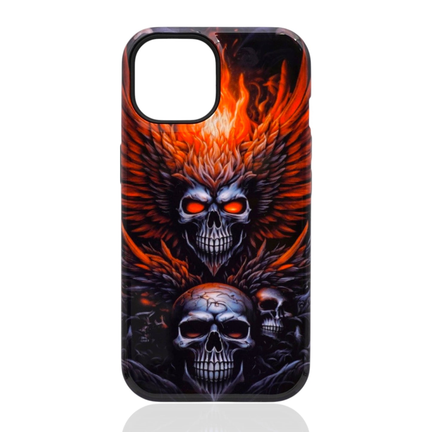 Phone case featuring multiple fiery skulls with glowing red eyes and flame‑like patterns in red, orange, and black