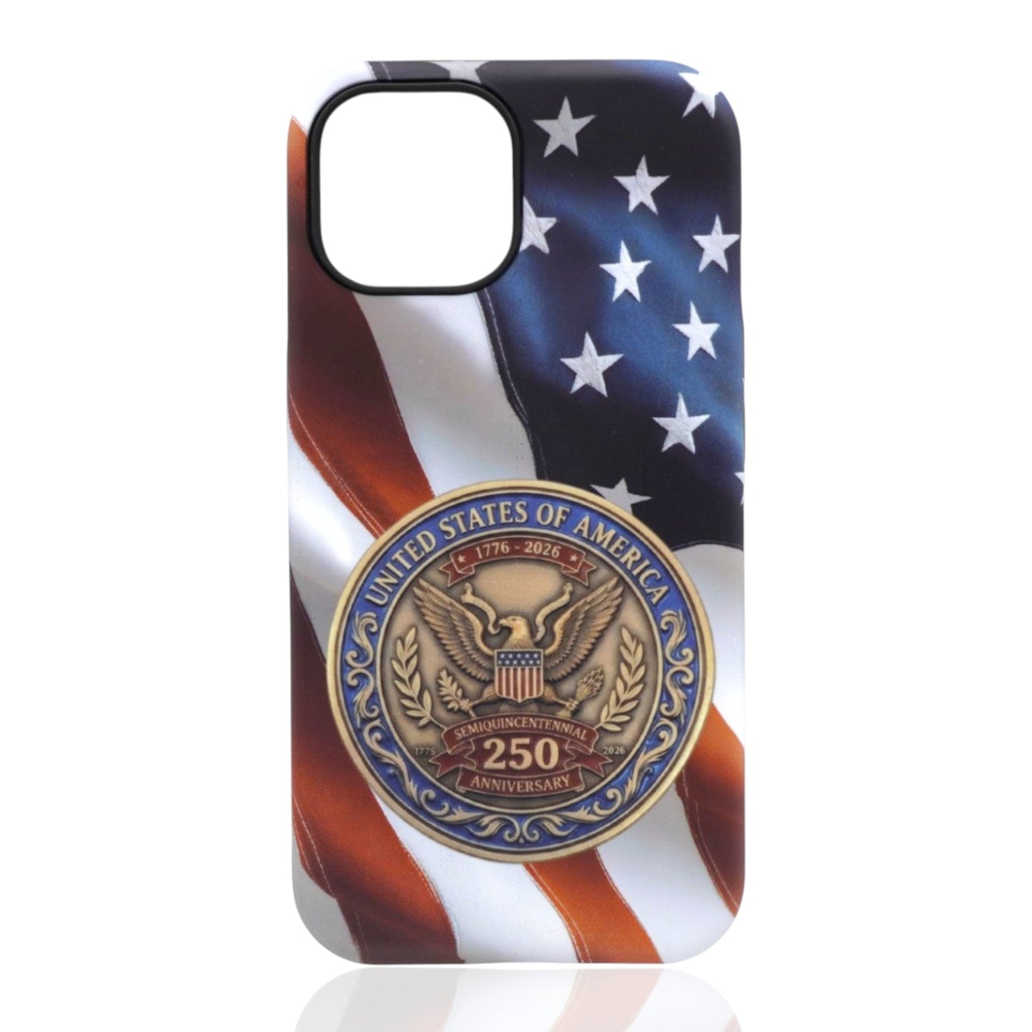 Phone case featuring a U.S. flag background with a central eagle emblem and 1776–2026 America‑250 text