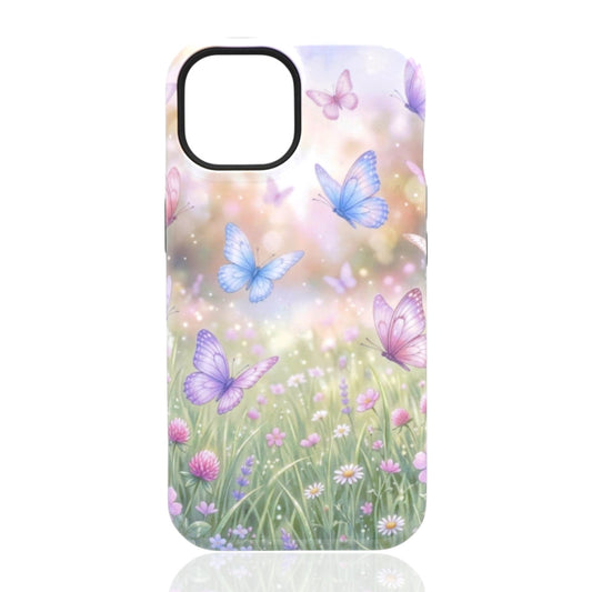Phone case featuring pastel butterflies and wildflowers on a soft dreamy gradient with light bokeh effects