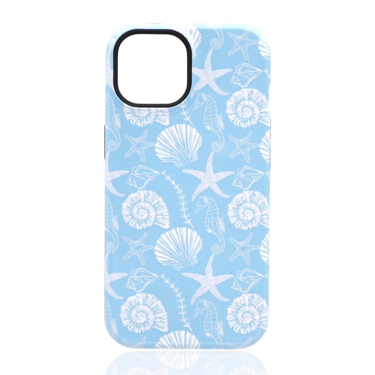 Phone case featuring white starfish, seashells, seahorses, and ammonite shapes on a light‑blue background