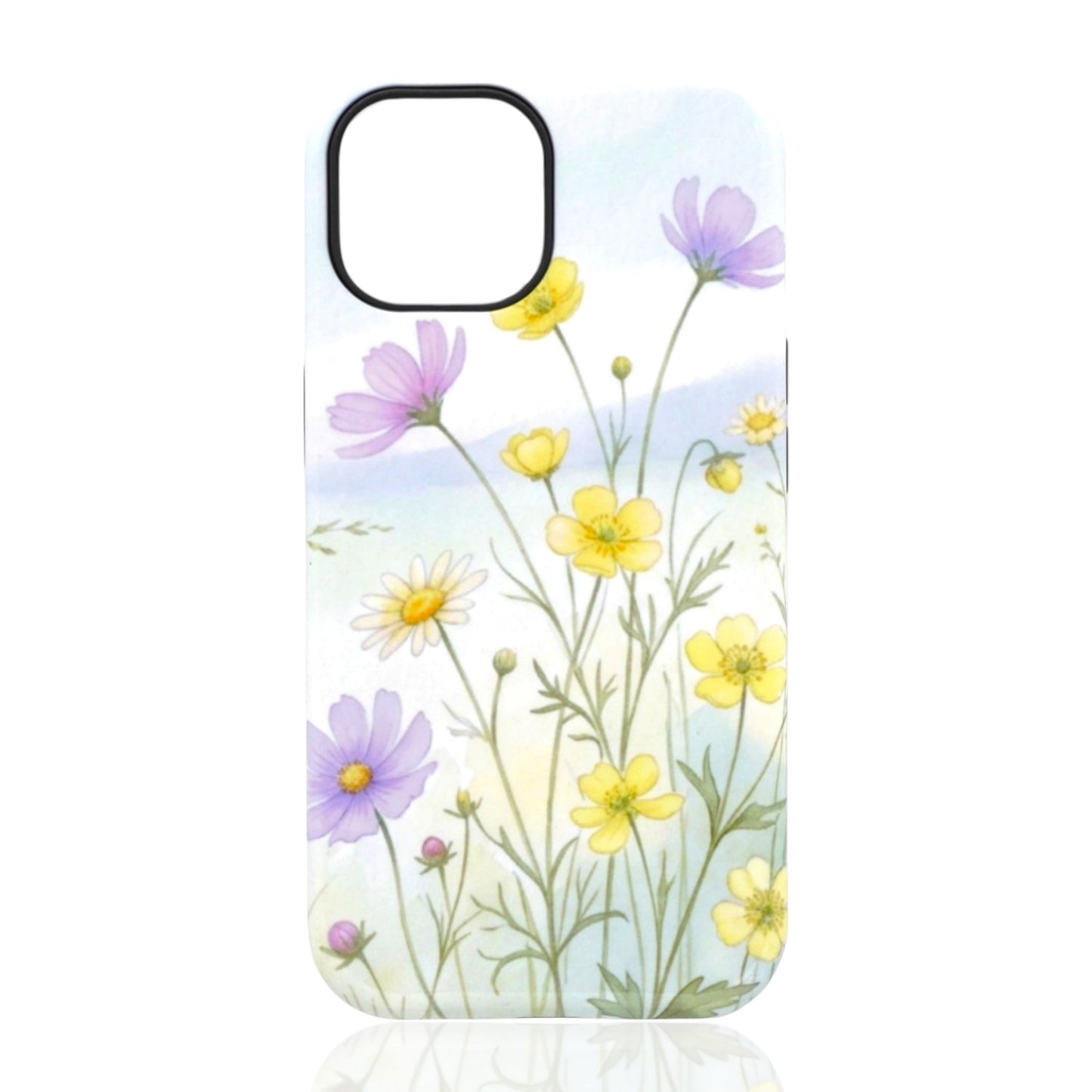 Phone case featuring delicate yellow, white, and purple wildflowers on a soft pastel blue‑green watercolor background