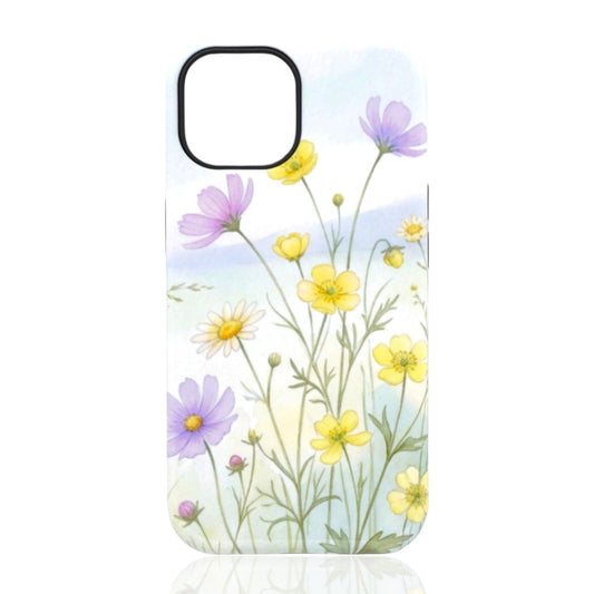 Phone case featuring delicate yellow, white, and purple wildflowers on a soft pastel blue‑green watercolor background