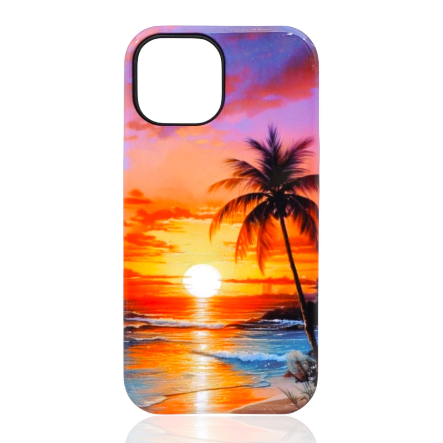 Phone case featuring a vivid tropical sunset with a glowing sun, palm tree silhouette, and colorful sky over the ocean