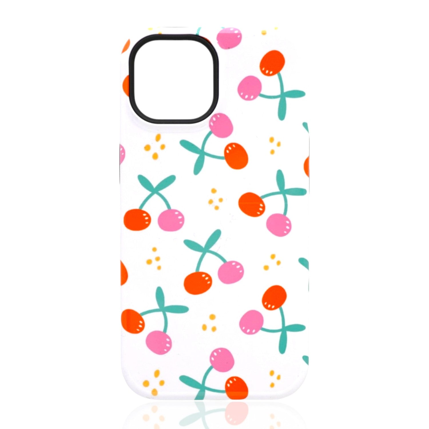 Phone case featuring pink and red cherries with teal stems and scattered yellow dots on a white background