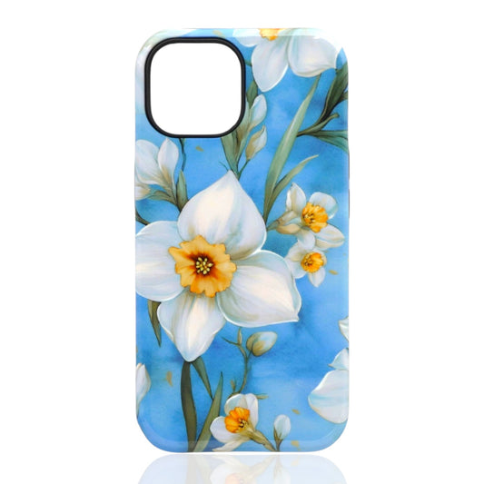 Phone case featuring large white flowers with yellow‑orange centers and green leaves on a bright sky‑blue background