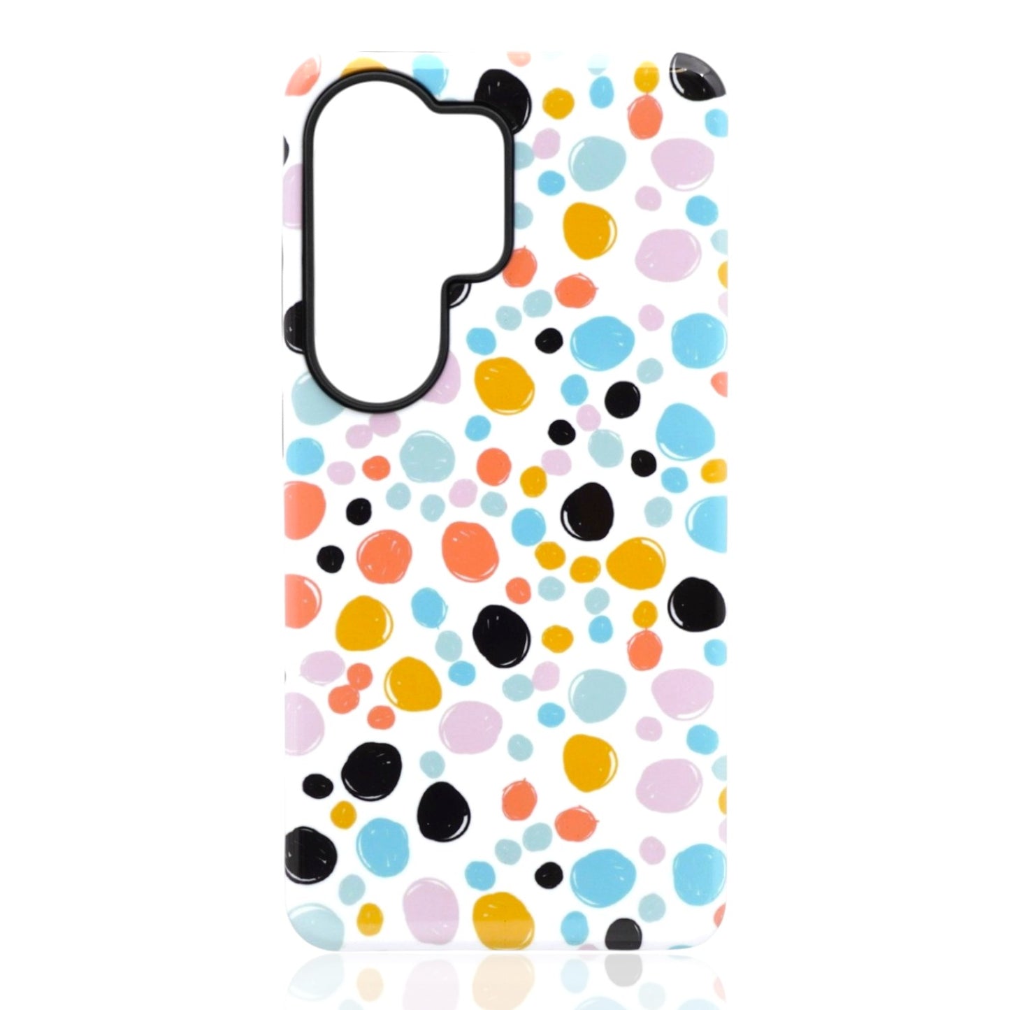 Phone case featuring irregular multicolor polka dots on a white background