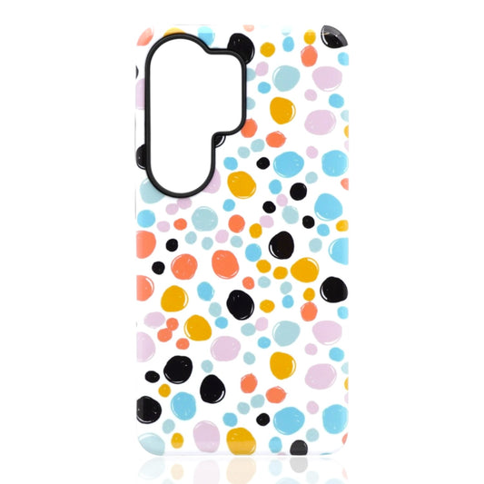 Phone case featuring irregular multicolor polka dots on a white background