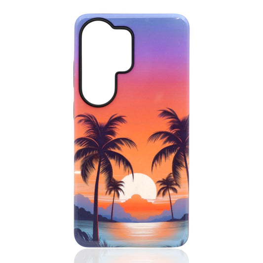 Phone case featuring a tropical sunset with purple‑to‑orange sky, silhouetted palm trees, and a glowing sun over calm water