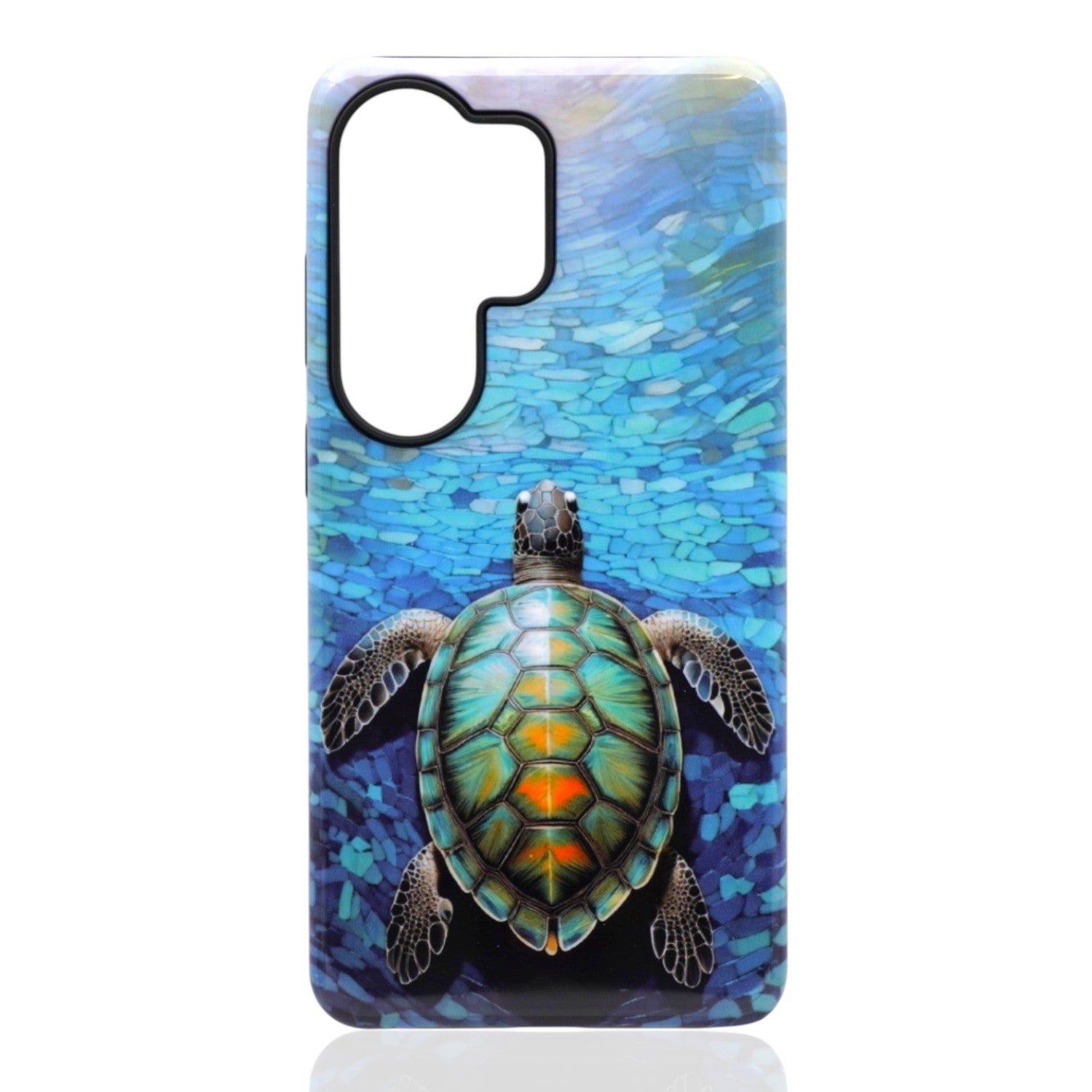 Phone case featuring a colorful sea turtle swimming over mosaic‑style blue water