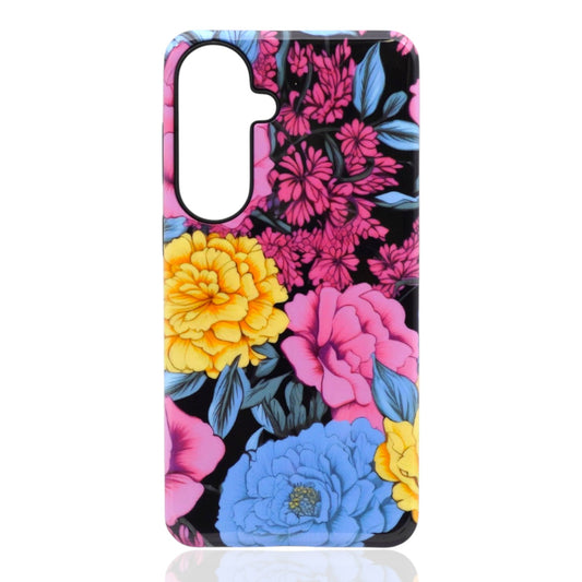 Phone case featuring large colorful flowers and green‑blue leaves on a black background