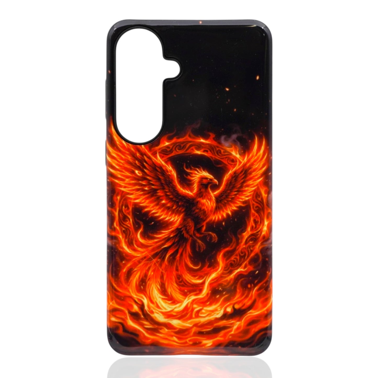 Phone case featuring a fiery phoenix with wings spread, surrounded by swirling flame patterns on a dark background
