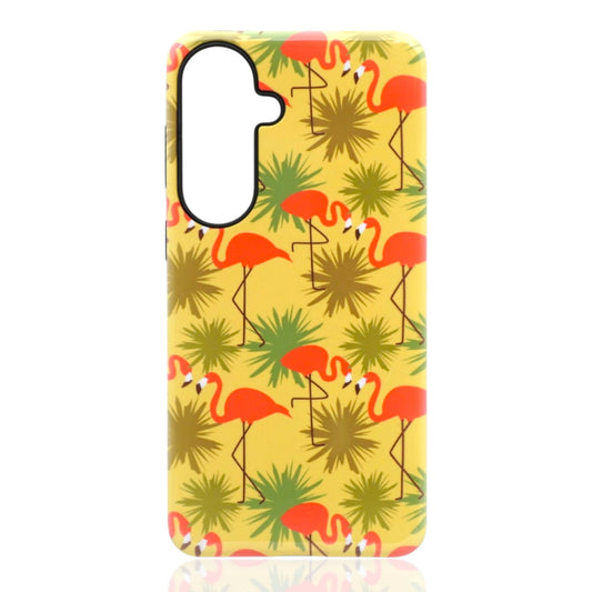 Phone case featuring red-orange flamingos and stylized palm leaves on a bright yellow background