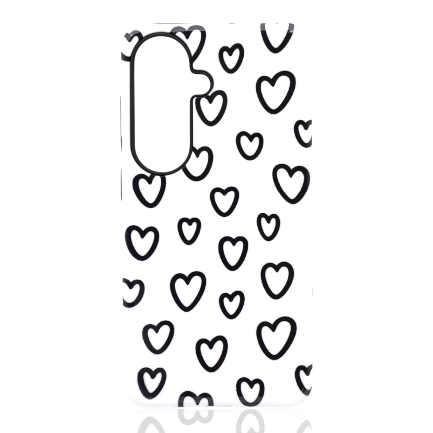 Phone case featuring scattered black outlined hearts on a clean white background