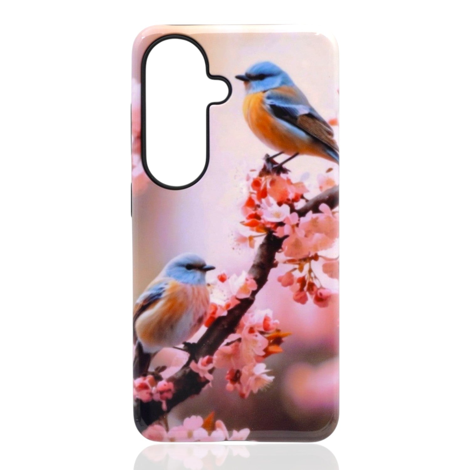 Phone case featuring two blue‑and‑orange birds perched on cherry‑blossom branches with a soft pink‑lavender background