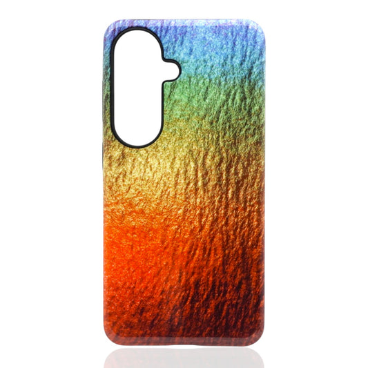Phone case featuring a textured metallic gradient transitioning from blue to green, yellow, orange, and red