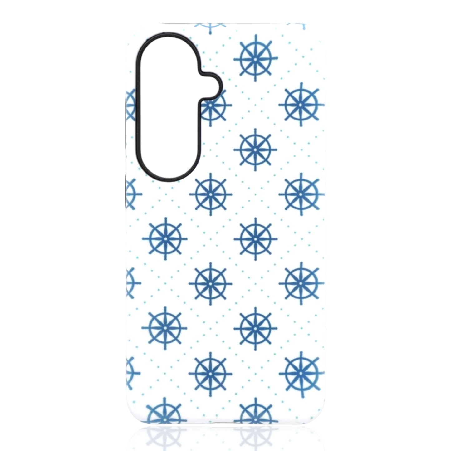 Phone case featuring a repeating blue ship‑wheel pattern with small light‑blue dots on a white background