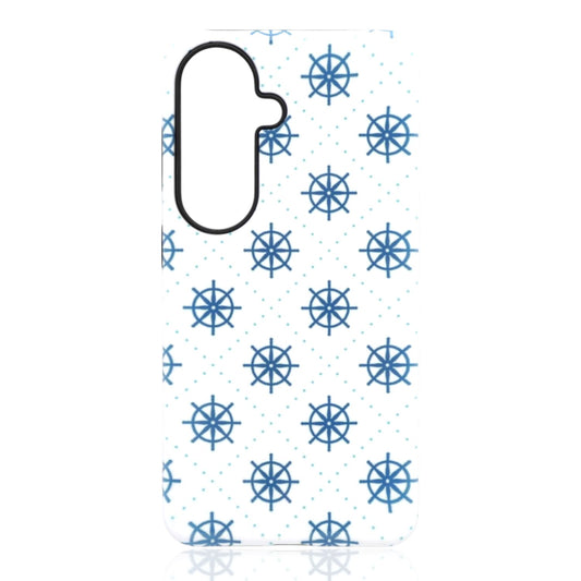 Phone case featuring a repeating blue ship‑wheel pattern with small light‑blue dots on a white background