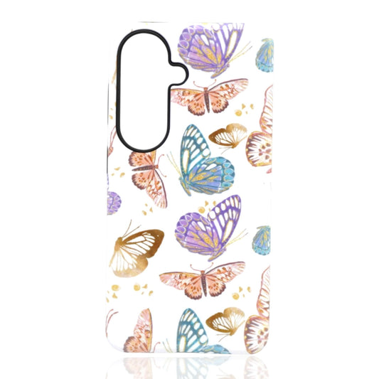 Phone case featuring purple, blue, gold, and pink butterflies with detailed wing patterns on a white background