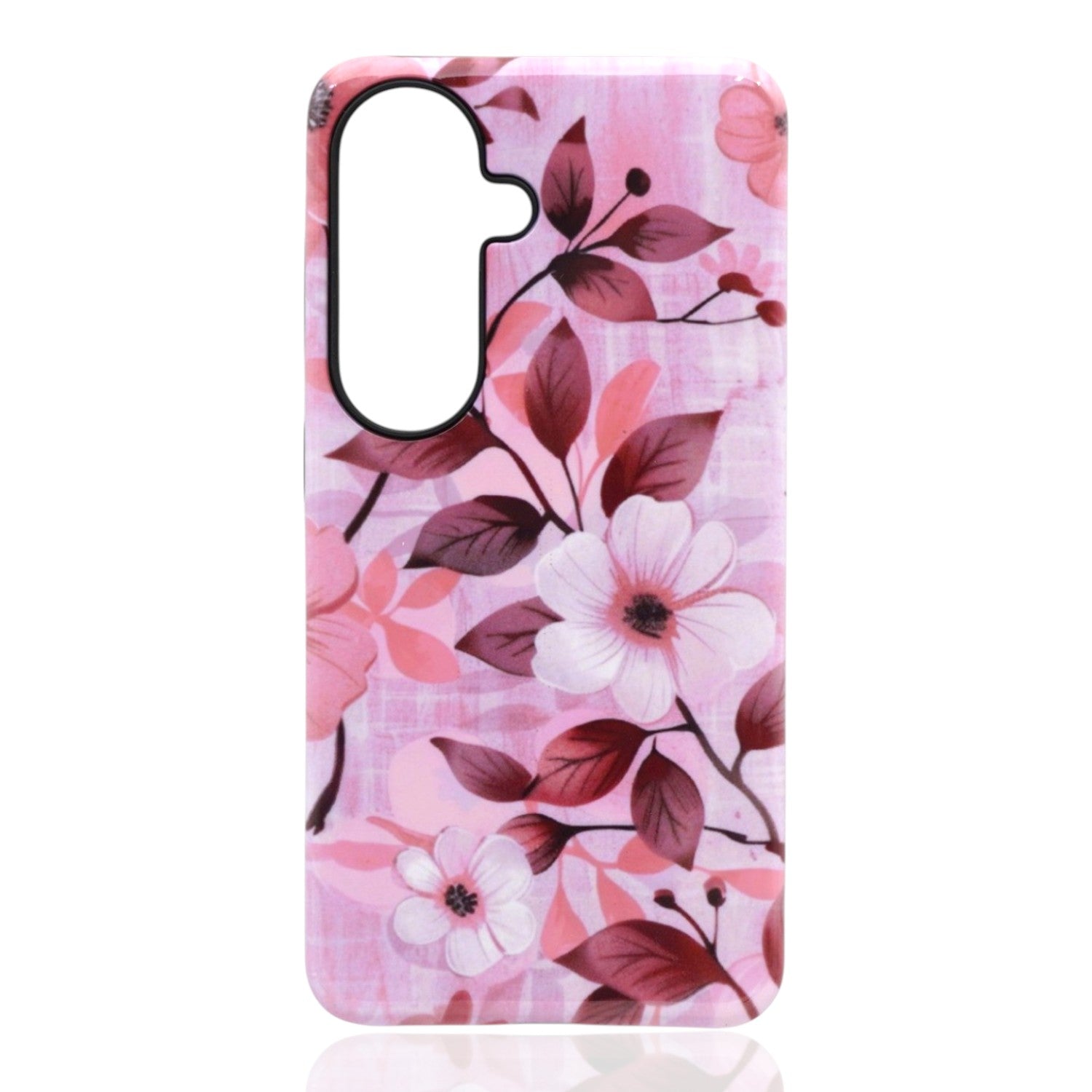 Phone case featuring pink and white flowers with maroon leaves on a light‑pink background