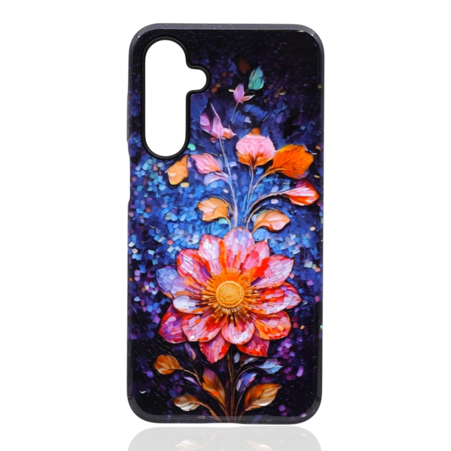 Phone case featuring a large warm‑toned flower with surrounding colorful florals on a deep blue‑purple mosaic background
