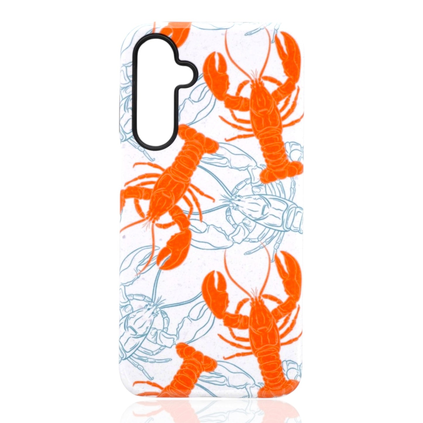 Phone case featuring bright orange lobsters and light‑blue outlined lobsters in a repeating marine pattern