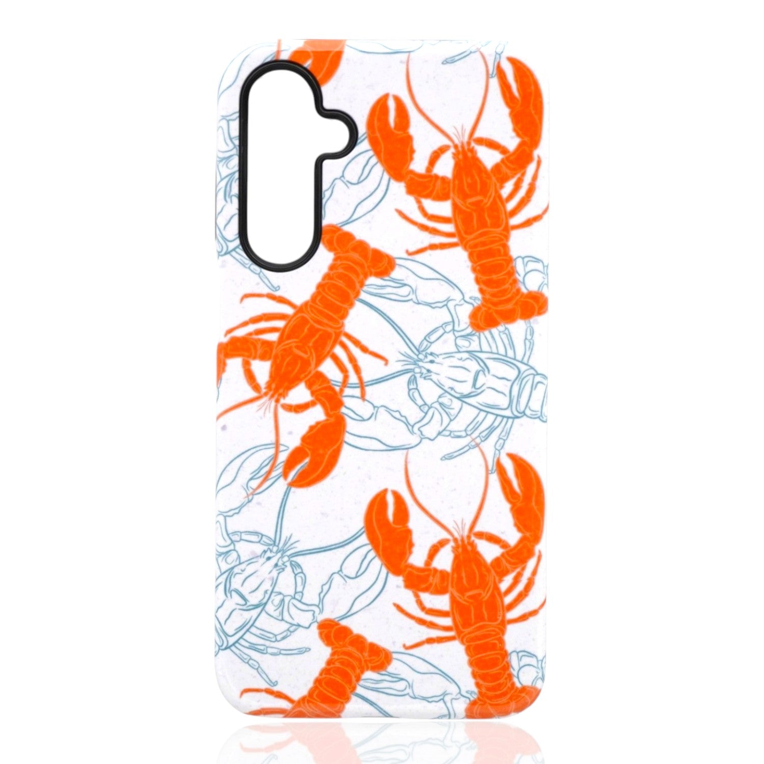 Phone case featuring bright orange lobsters and light‑blue outlined lobsters in a repeating marine pattern
