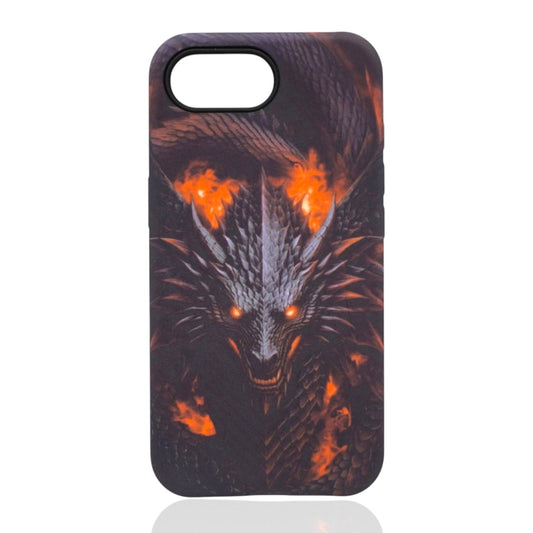 Phone case featuring a fierce dragon with glowing orange eyes and fiery lighting