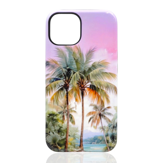Phone case featuring palm trees, a calm blue ocean, distant mountains, and a pink‑purple sky