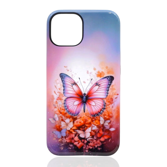 Phone case featuring a large pink‑and‑purple butterfly with smaller butterflies and orange flowers on a blue‑to‑pink gradient background