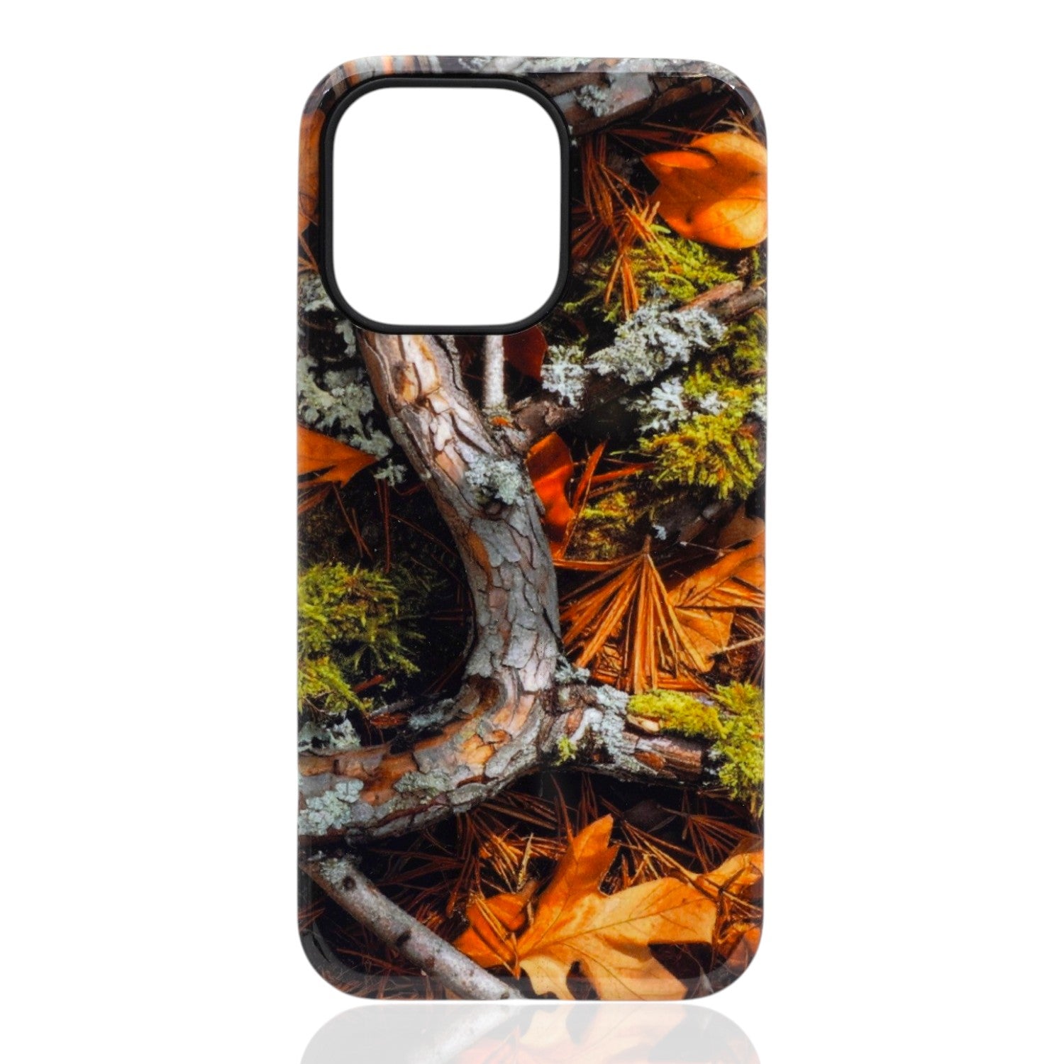 Phone case featuring forest‑floor textures with lichen‑covered wood, orange leaves, pine needles, and green moss
