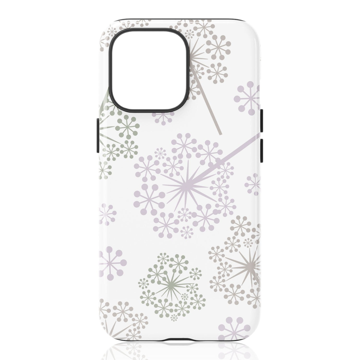 Phone case featuring pastel purple, green, and beige stylized dandelion‑burst motifs on a white background