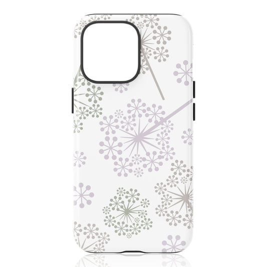 Phone case featuring pastel purple, green, and beige stylized dandelion‑burst motifs on a white background