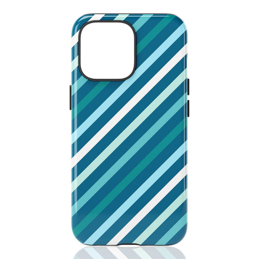 Phone case featuring diagonal stripes in blue, teal, aqua, and white