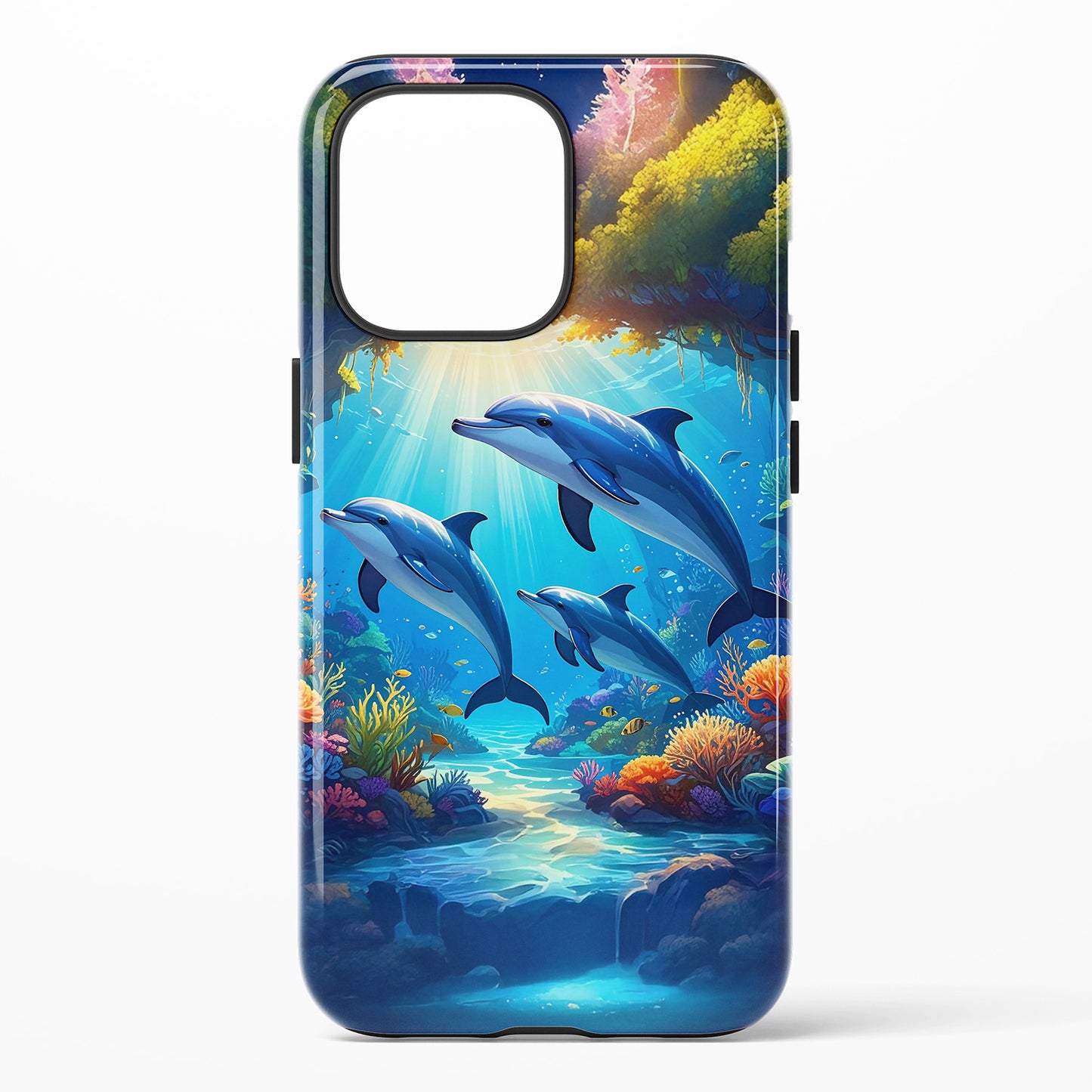 Phone case with three dolphins in blue water with sunlight and coral reef 