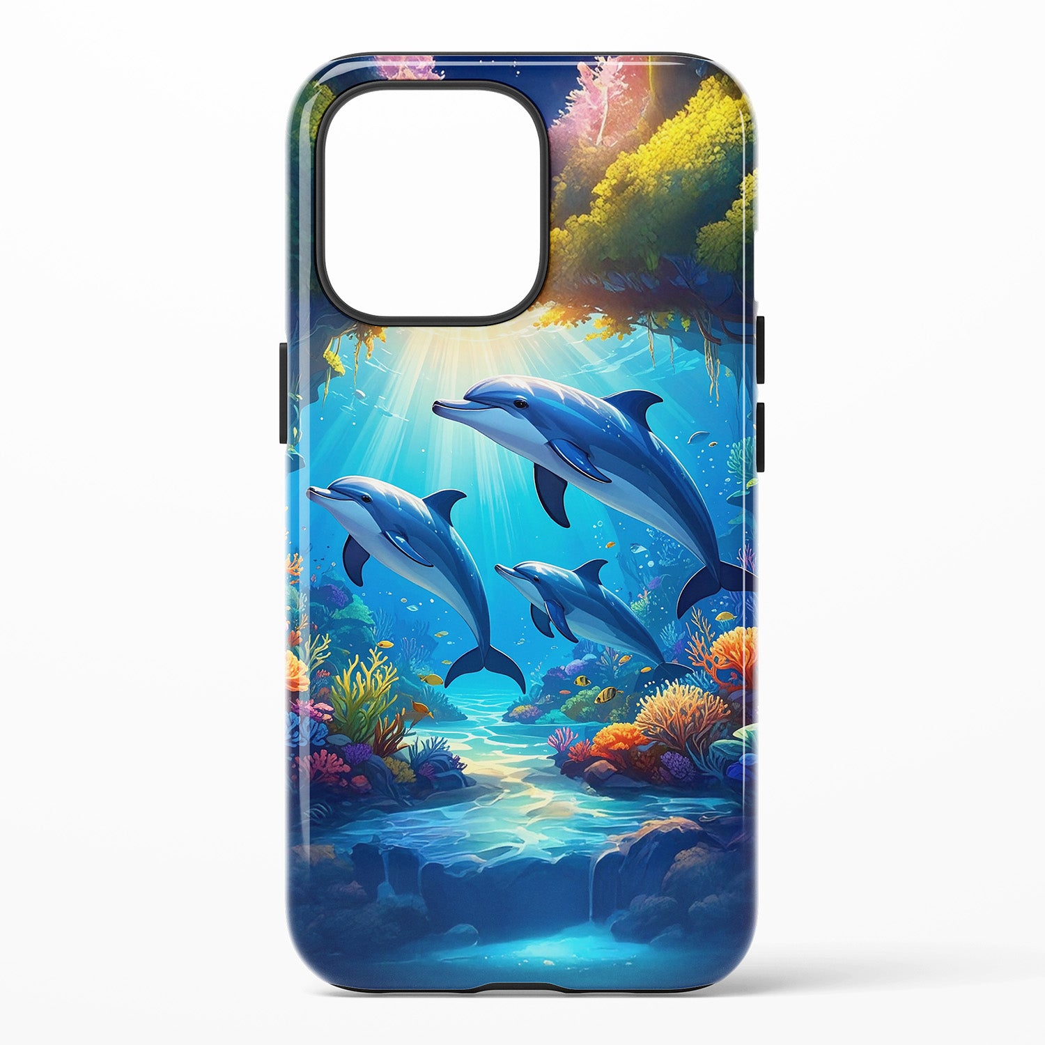 Phone case with three dolphins in blue water with sunlight and coral reef 