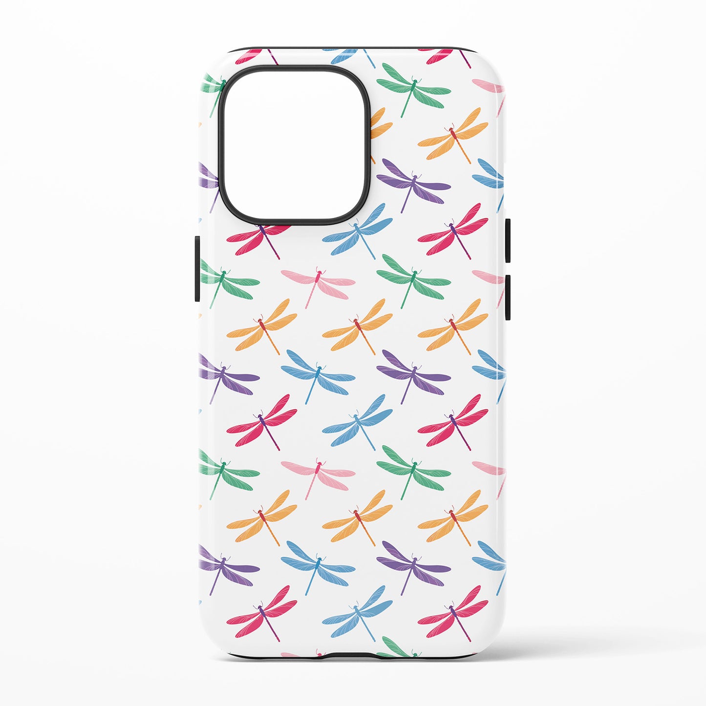 Phone case with smaller colorful dragonfly pattern on a white background