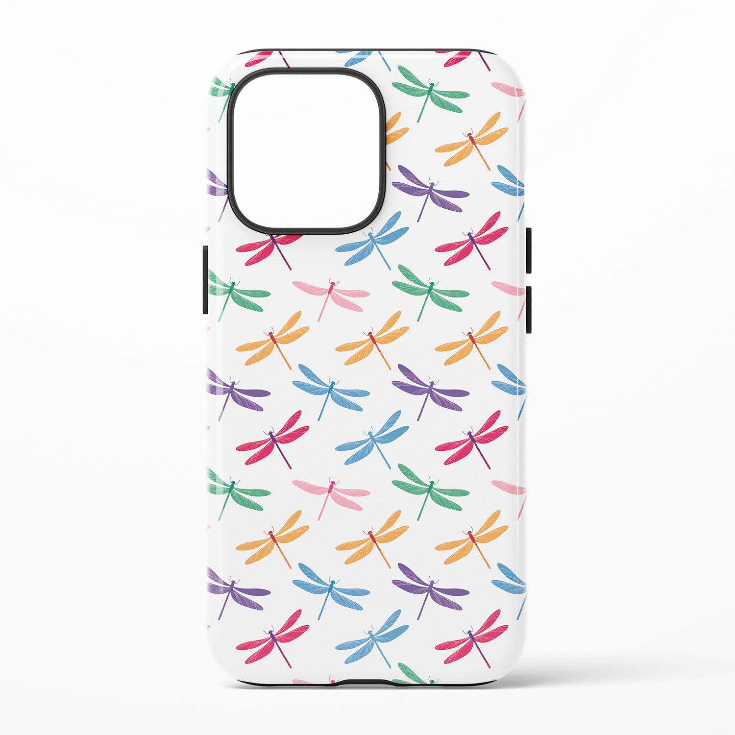 Phone case with smaller colorful dragonfly pattern on a white background