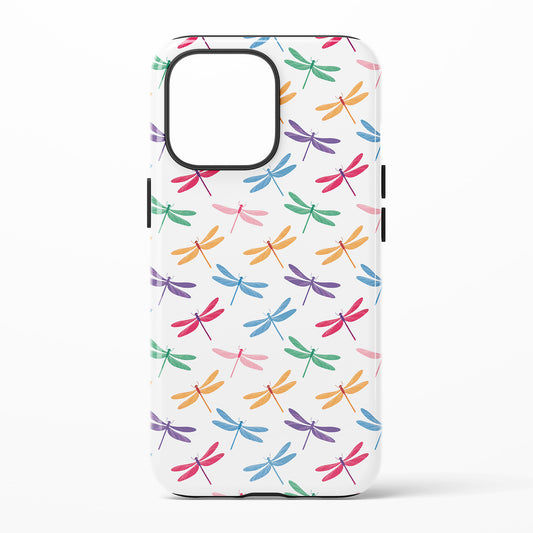 Phone case with smaller colorful dragonfly pattern on a white background