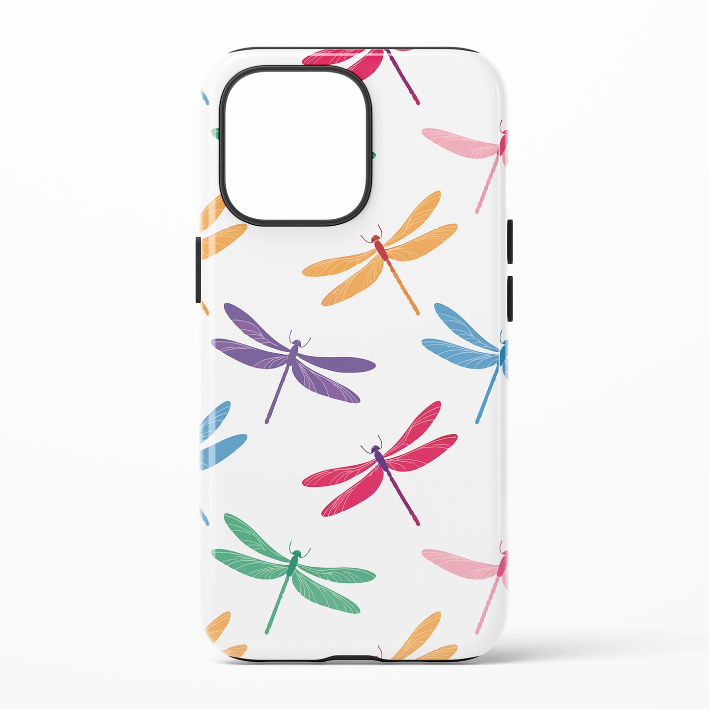 Phone case with colorful dragonfly pattern on a white background