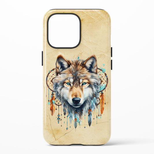 Phone case with a wolf design and dreamcatcher on a beige background