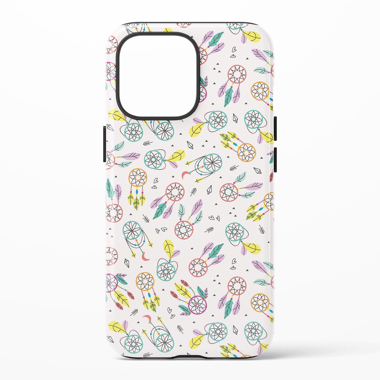 Phone case with colorful dreamcatcher pattern on a white background
